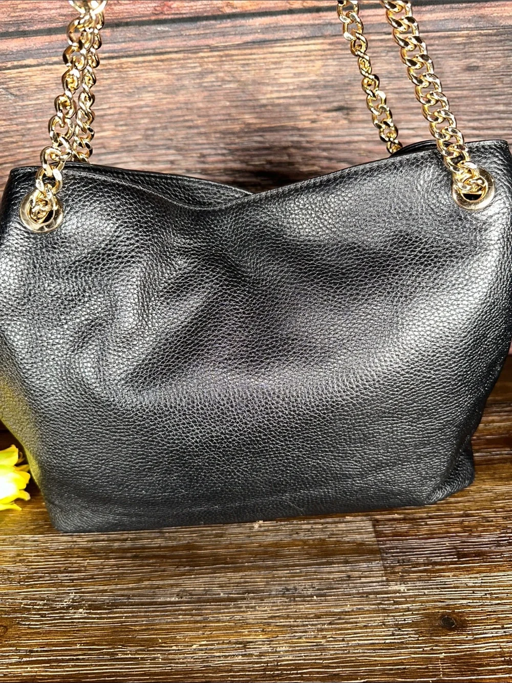 Michael Kors Black Leather 3 Compartment Shoulder Bag with Gold Chain Straps
